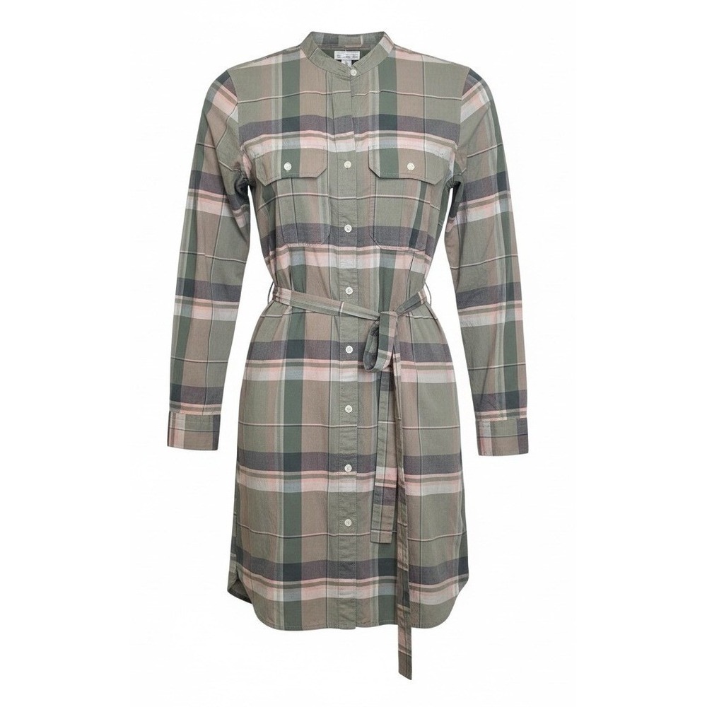NWT Gap Womens Plaid Long Sleeve‎ Belted Shirt Dress Green Pink XS Band Collar